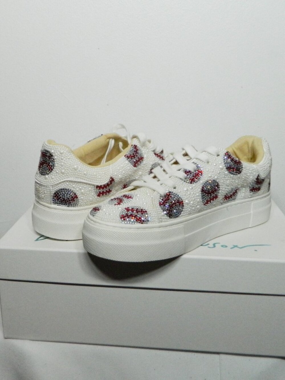 Betsey Johnson $109 Sidny Baseball Embellished Sneakers Sz 7 NIB!